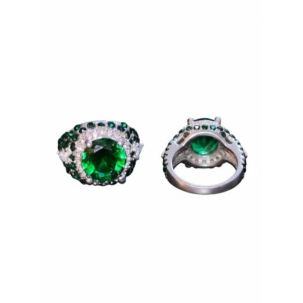 Emerald Green Crystal Cocktail Statement Ring Silver Tone Halo Pave Accent Stone